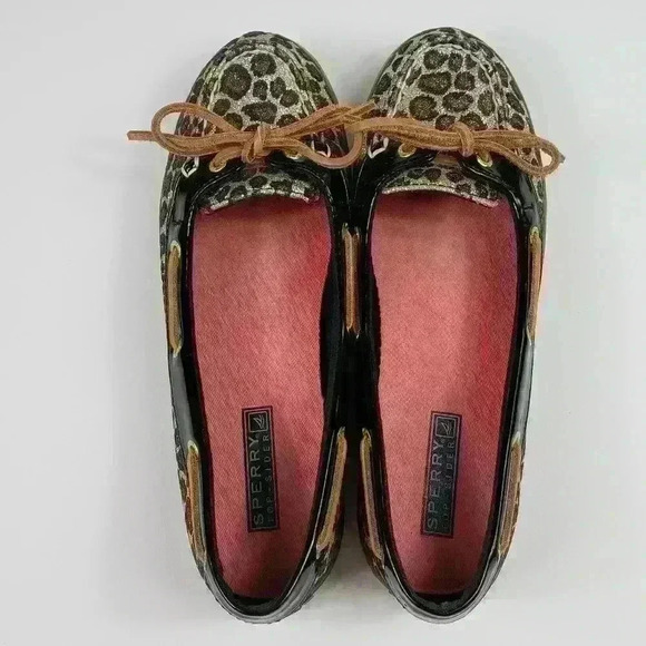 Sperry Top Sider Boat Shoes Sparkly Leopard Brown Black Raw Hide Lace Size 7.5M - Picture 6 of 16